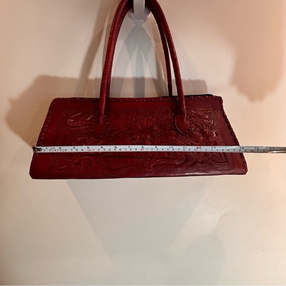 ALEXIS DAVID Tooled Leather Hand Shoulder Bag Deep Red Interior Pocket Floral - Picture 5 of 15